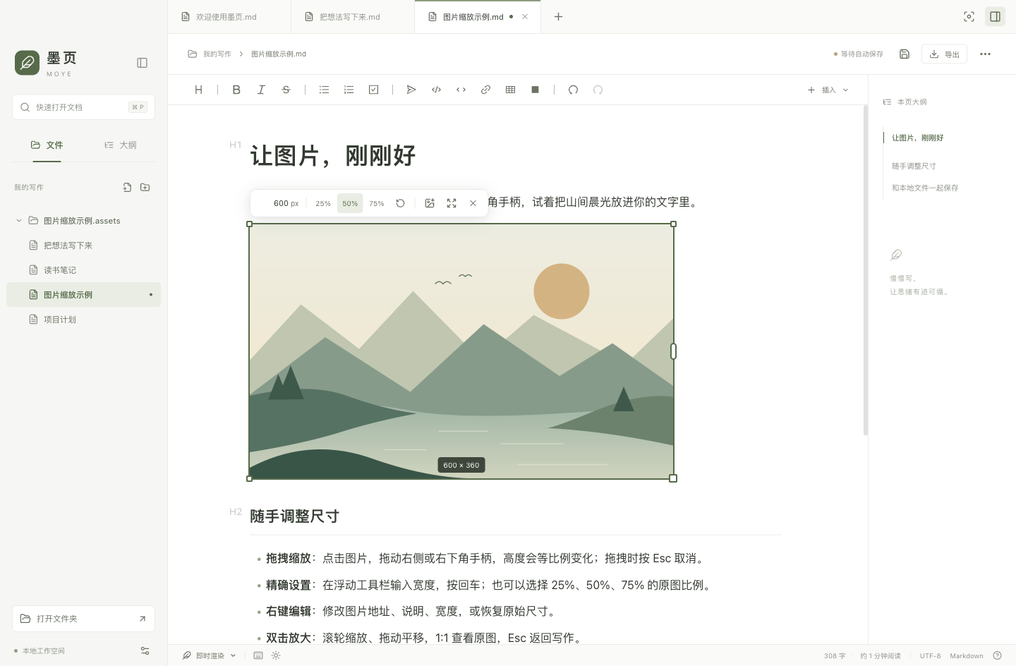 实际图片缩放界面，山间插画上方显示百分比与像素宽度工具栏