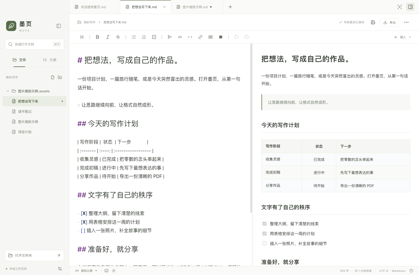 实际源码分屏界面，左侧 Markdown 标记与右侧文档预览并排显示
